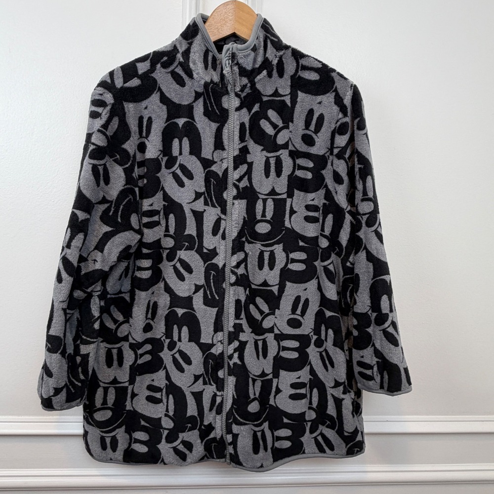 Disney Store Mickey Mouse Full Zip Fleece Jacket Grey Black All Over Print Small